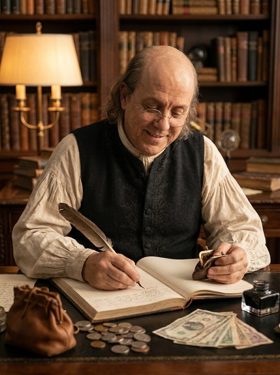 Benjamin Franklin anotando sus cuentas