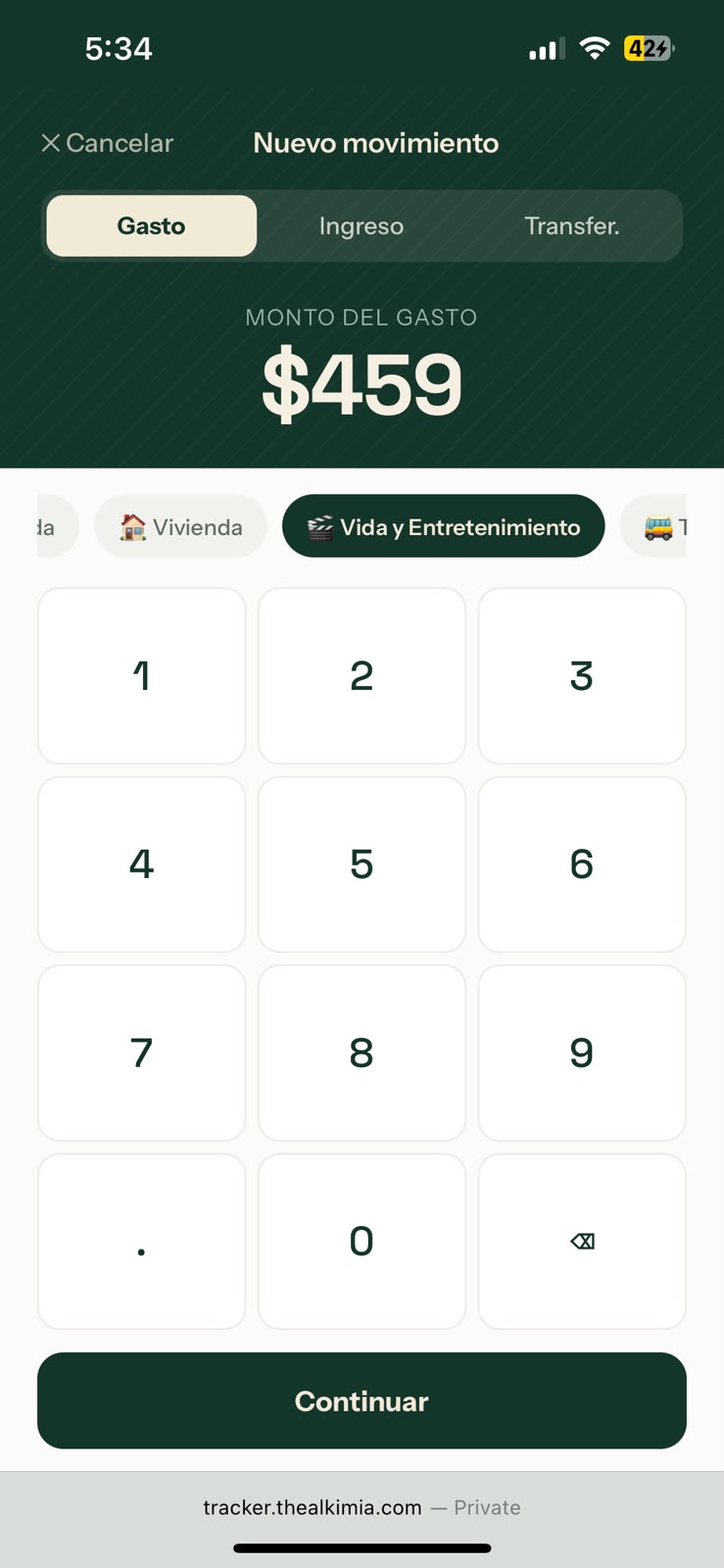 Pantalla de la app: registrar un nuevo gasto por categoría