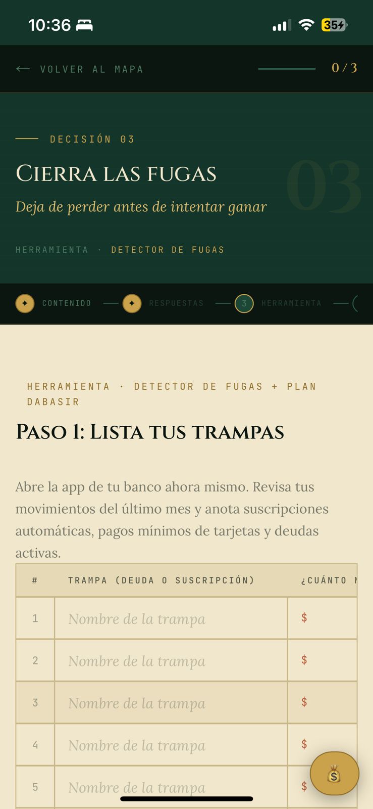 Pantalla de la app: detector de fugas, lista tus trampas