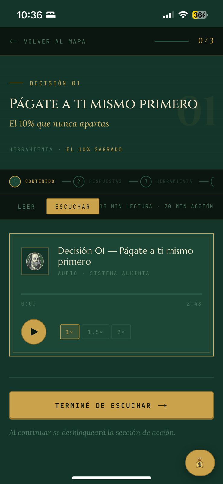 Pantalla de la app: Decisión 01 lista para escuchar en audio