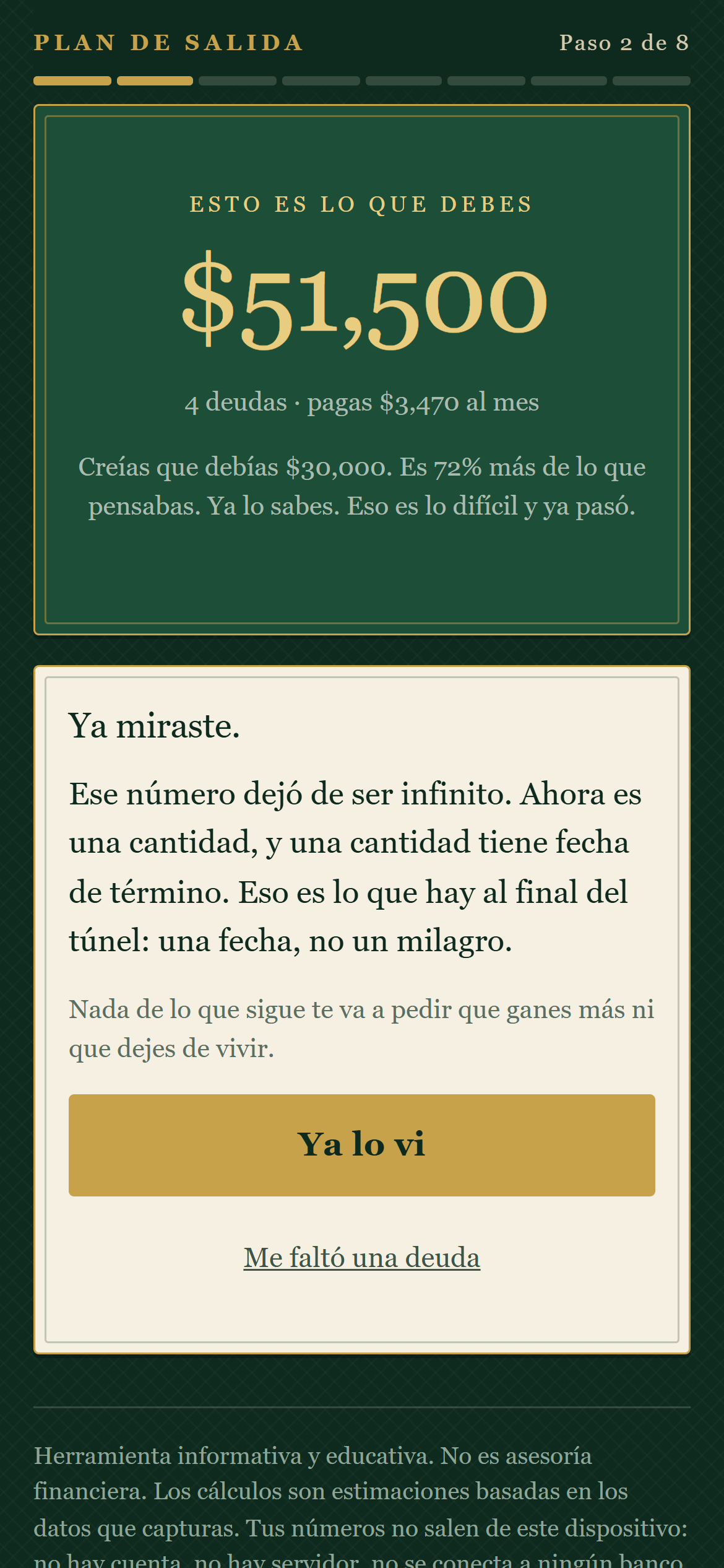 Pantalla de Plan de Salida mostrando el total de deudas sumado por primera vez
