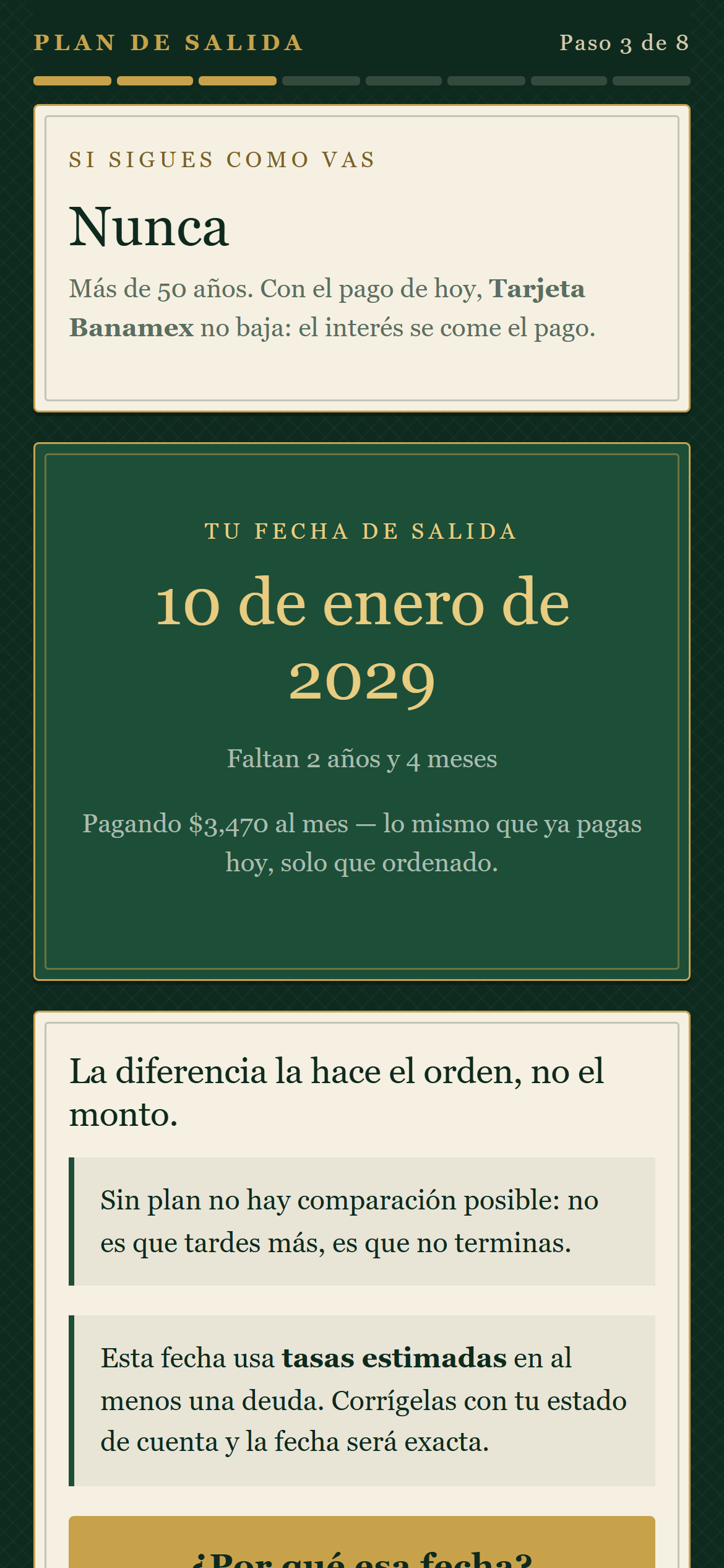 Pantalla de Plan de Salida mostrando la fecha exacta de salida de deudas, en un teléfono