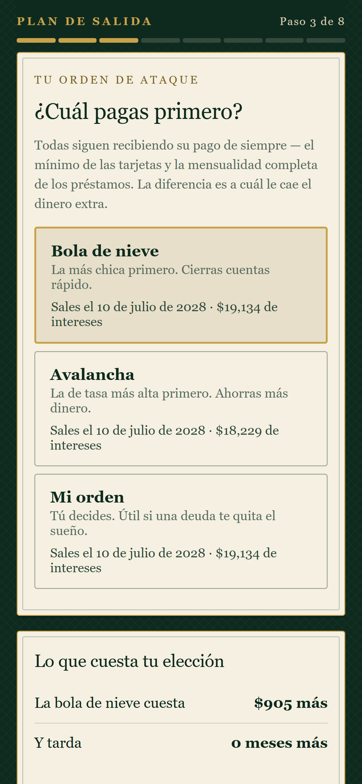 Pantalla para elegir el orden de pago: bola de nieve, avalancha o tu propio orden