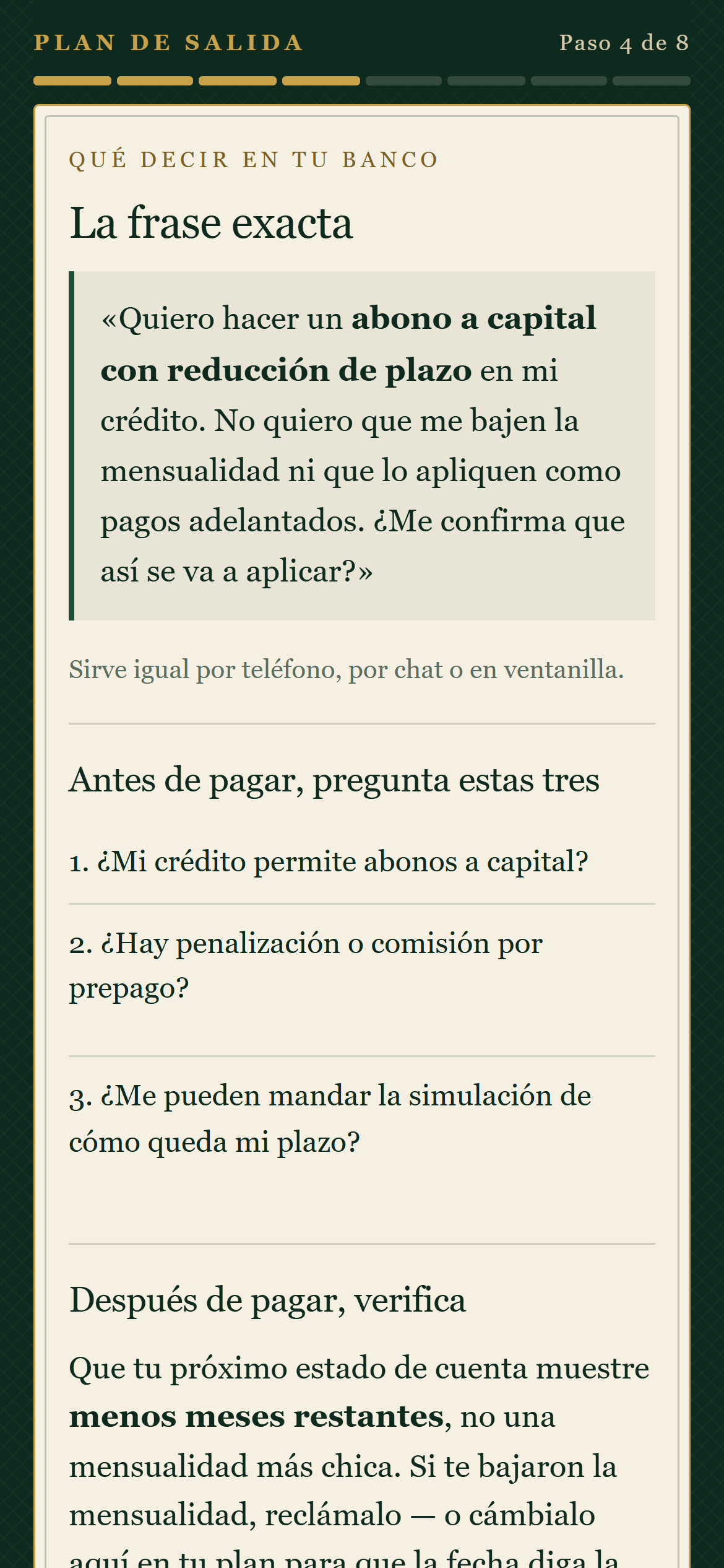 Lección: la frase exacta para pedirle al banco un abono a capital