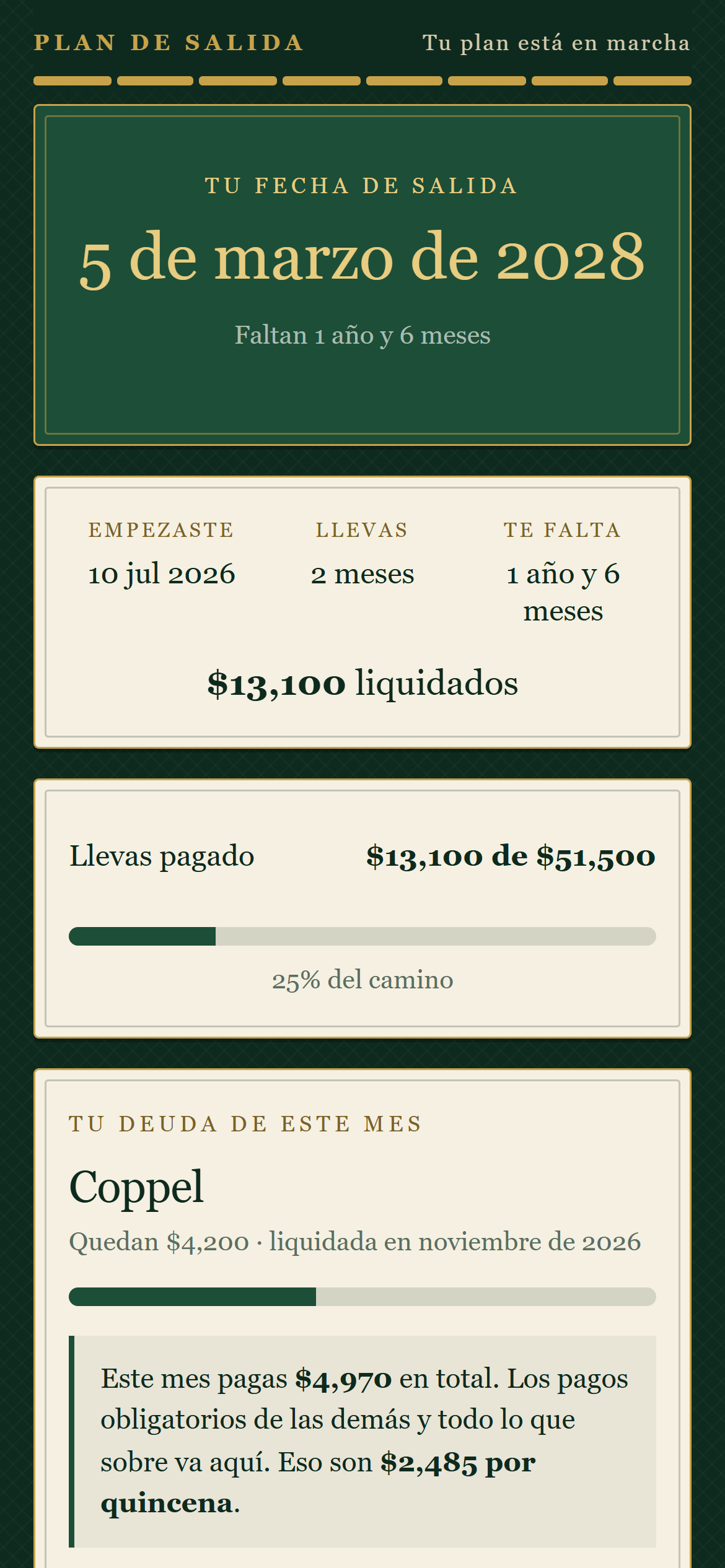Pantalla con tu fecha de salida calculada