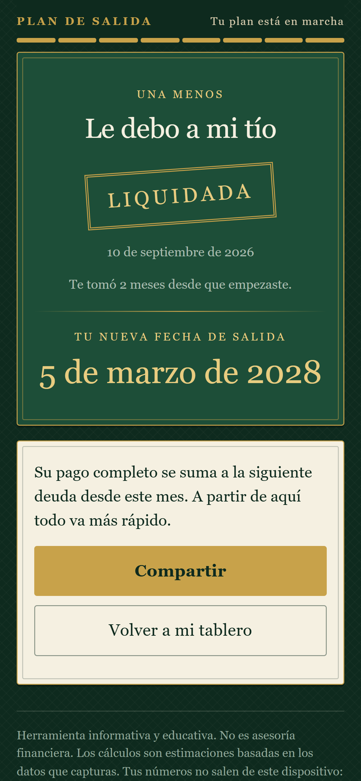 Pantalla de celebración al liquidar una deuda