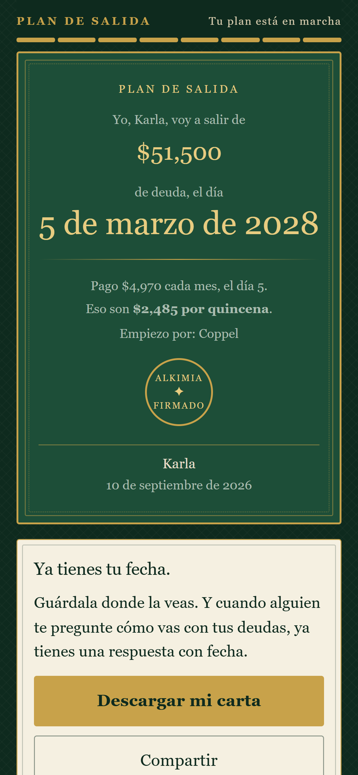 Ejemplo de Carta de Salida con la fecha firmada