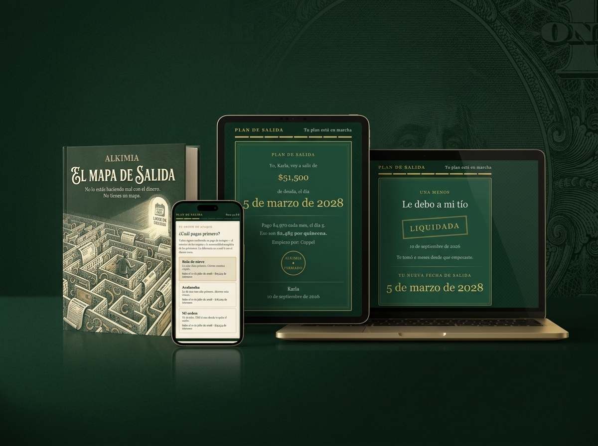 Plan de Salida funcionando en teléfono, tablet y computadora, junto con el ebook El Mapa de Salida
